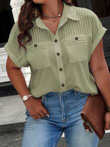 Breezaya Plus Size Solid Color Patch Pocket Front Button Casual Short Sleeve Shirt - Mint Green - View 4