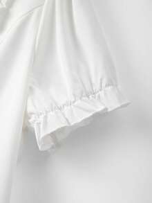 Elenzga 大码女装畅销款蝴蝶结撞色翻领短袖衬衫，法式复古优雅荷叶边下摆单排扣吊带外套，适合派对穿着 - 白色 - 查看 5