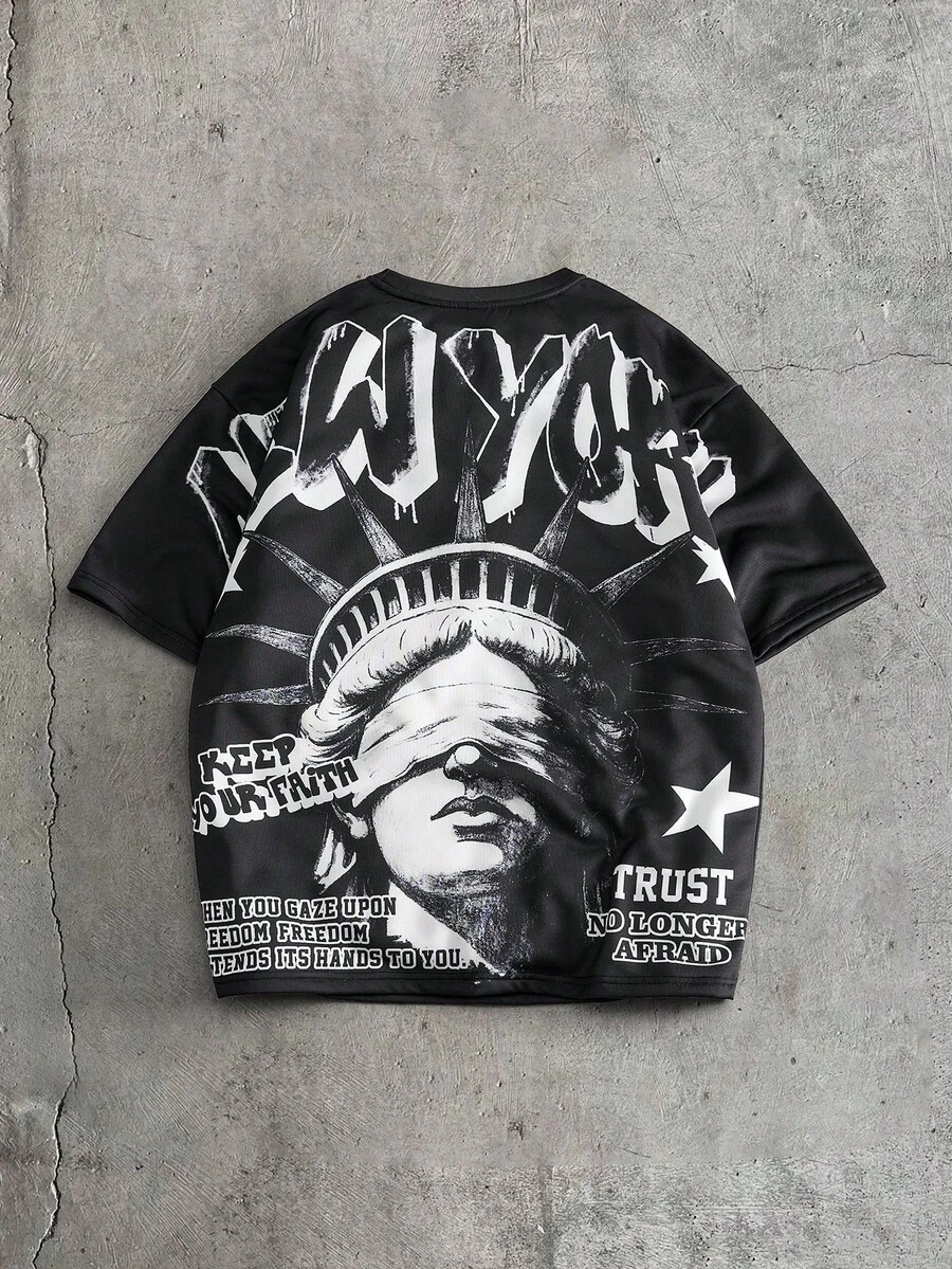 AXEPEAK Men's Loose Dropped Shoulder Knit Casual T-Shirt, Suitable For Everyday Wear - Black - View 1