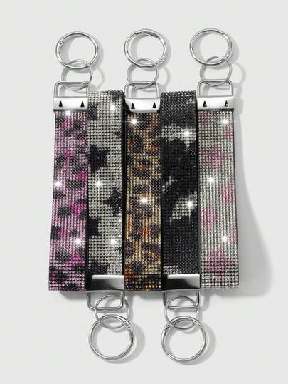 ROMWE 5Pc Y2k Exquisite Retro Unique Cool Fashion Light Luxury High Value Brown/Rose Red/Pink White/Silver Black Leopard Print, Markings, Animal Pattern Tiger Pattern Gradual Change Stars Shining Full Diamond-Encrusted Nylon Wrist Strap DIY Plain Ring Keychain Bag Pendant Accessories, Suitable For Sisters, Girlfriends, Friends, Girls And Ladies Daily Wear, Holiday Gifts