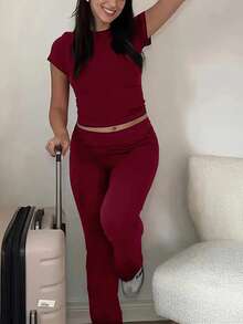 INAWLY Solva Women Solid Color Short Sleeve T-Shirt And Long Pants Two-Piece Set, Simple Style - Burgundy - View 2