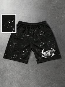 ROMWE MEN Street Life Men's Sequin Print Drawstring Shorts - Black - View 1