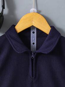 SHEIN 男童休闲罗纹半拉链上衣短裤套装（两件套），适合夏季外出穿着，简约设计，舒适百搭。 - 藏藍色 - 查看 7