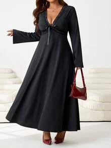 Solflare 大码V领纯色蕾丝边蝴蝶结装饰喇叭袖连衣裙 - 黑色 - 查看 3