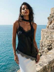 Nevyona Women's Sexy Vacation Style Solid Color Contrast Lace Asymmetrical Hem Backless Camisole Top - Black - View 2