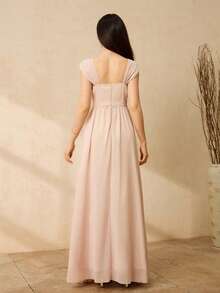 优雅飘逸的雪纺无袖连衣裙，圆领设计，适合青少年伴娘、舞会、生日派对、婚礼等场合。 - 杏色 - 查看 2