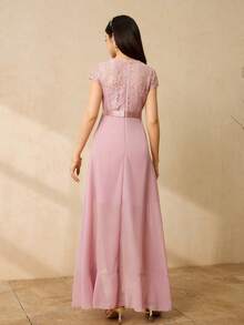 Elegantes Midikleid für Teenager-Mädchen mit V-Ausschnitt, Spitze-Patchwork und asymmetrischem Saum aus Chiffon, geeignet für Hochzeit, Abschlussball, Geburtstags-Party, Bankett - Pink - Übersicht 2
