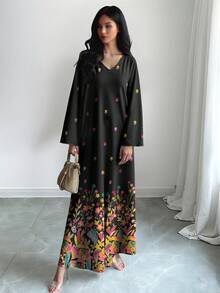 SHEIN Najma 女士彩色花卉植物数码印花V领长袖优雅阿拉伯风格连衣裙，适合春秋季穿着 - 彩色 - 查看 4