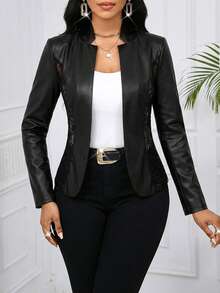 SHEIN Lady Áo blazer nữ tay dài mỏng, màu trơn, phối ren, dáng ôm, thanh lịch. - màu đen - Xem 5