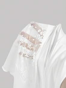 SHEIN MOD 女士纯色极简蕾丝长袖T恤，日常穿着，外出上衣，春夏上衣，情人节，海滩度假，优雅女士上衣，休闲女士上衣，度假女士上衣，白色上衣，拼接蕾丝上衣，透视上衣 - 白色 - 查看 8