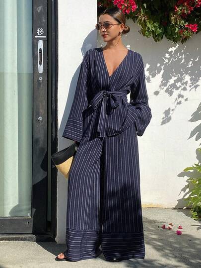 Livesso 2pcs Women Casual V-Neck Tie Front Top And Striped Pants Set, Autumn/Winter