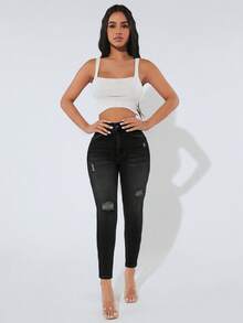 SHEIN PETITE Women's Fashion Casual Ripped Skinny Denim Jeans - Black - View 4