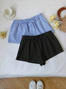 Comfortcana 2pcs Women's New Linen Striped Shorts - Multicolor - View 3