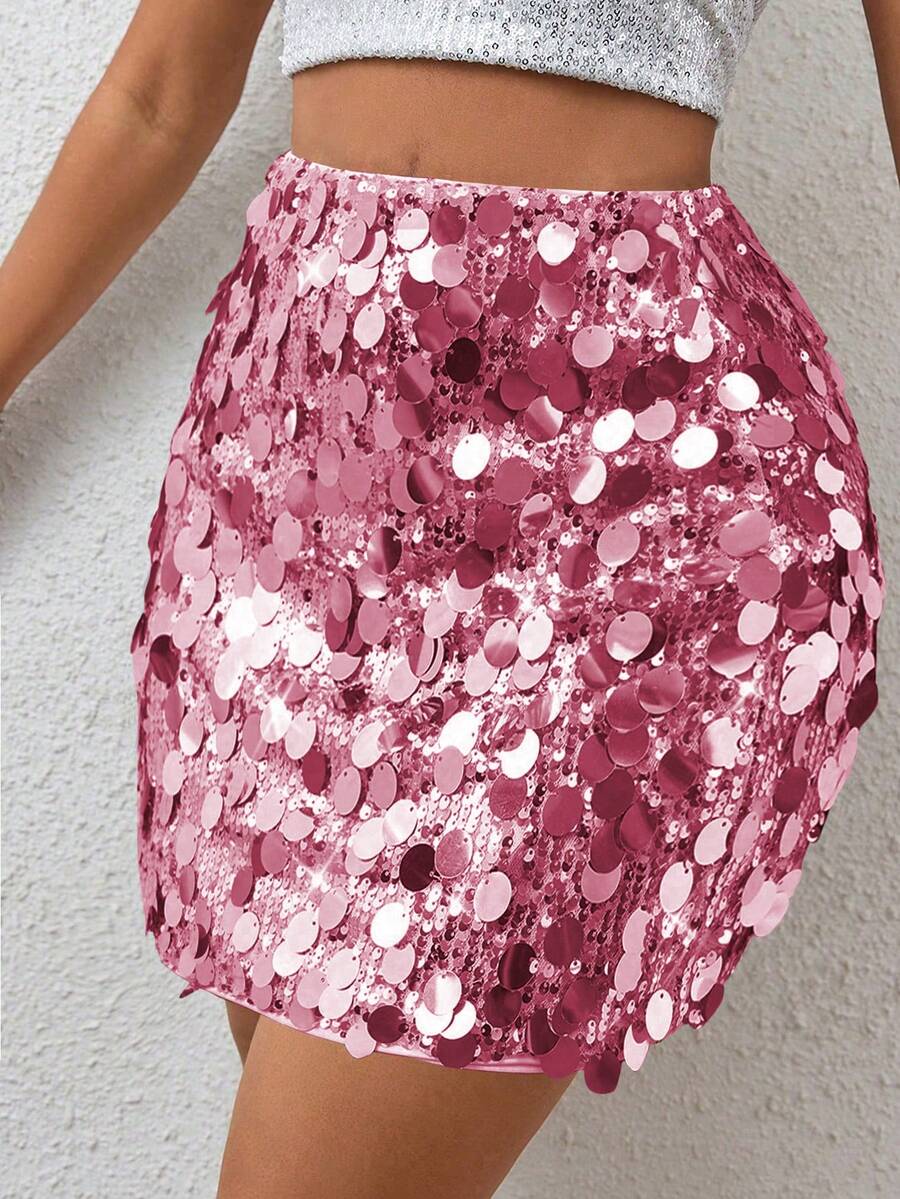 SHEIN Tall Chân váy ngắn ôm sát eo cao màu trơn đính sequin dành cho nữ, thích hợp cho các bữa tiệc. - Hồng - Xem 1