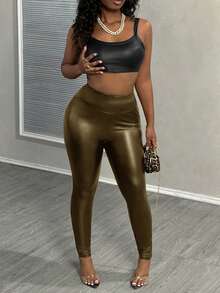 Slaydiva 街头风高腰紧身打底裤 - 軍綠色 - 查看 4