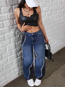 SHEIN Tall 女士休闲日常通勤时尚街头拼接毛边宽松直筒牛仔裤 - 藍色 - 查看 6