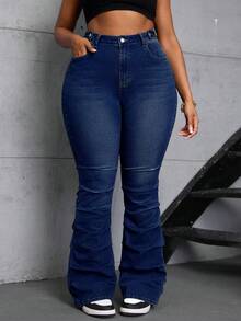 SHEIN CURVE+ Plus Size Women Cowgirl Blue Elastic Ruched Jeans, Rodeo For Women - Dark Wash - View 6