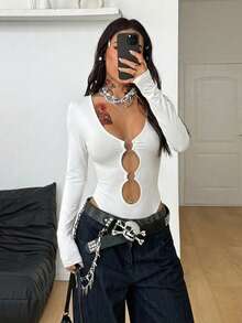 Coolane Women's Spring/Summer Streetwear Rave Outfit Music Festival Y2K Gyaru Cut Out Stretchy Grommet Eyelet Long Sleeve White Jumpsuits - White - View 3