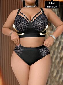 SHEIN 2pcs Plus Size Lace Patchwork Wireless Bra Set - Black - View 1