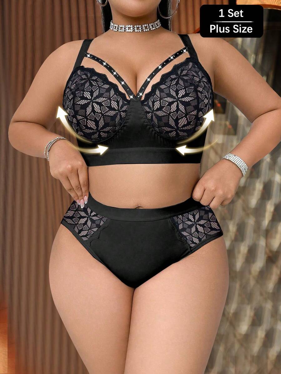 SHEIN 2pcs Plus Size Lace Patchwork Wireless Bra Set - Black - View 1