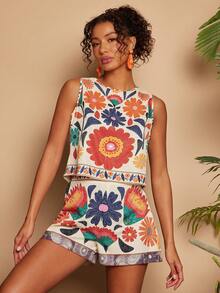 Travachic 女士度假印花背心短裤两件套 - 淺藍色 - 查看 4