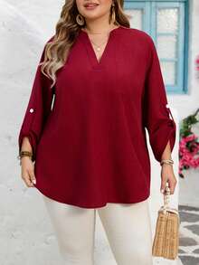 SHEIN CURVE+ Curve 尺码 US22 音乐节、海滨度假、波西米亚风 CURVE PLUS / / 女士纯色深V领卷袖休闲衬衫 - 酒紅色 - 查看 5