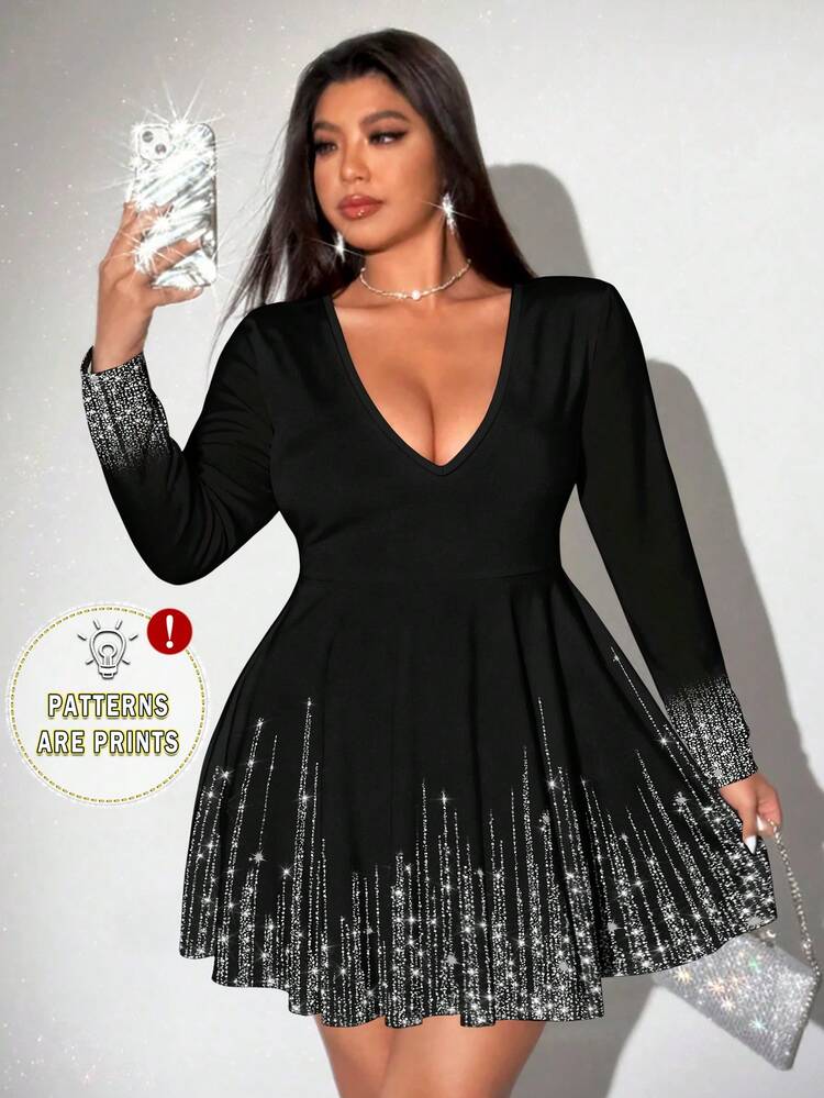 Elenzga Women's Rhinestone Pattern Digital Print V-Neck Dress, Suitable For Various Occasions Such As New Year, Parties, Graduation Season, Back-To-School Parties, Dates And Daily Wear. It Has Multiple Styles Including Fashion, Elegant, Casual, Sexy, And Streetwear. Suitable For Autumn, Winter, Spring, Summer, Spring/Autumn, Autumn/Winter. Long Sleeve Dress, Casual Dress, Party Dress - Multicolor - View 1