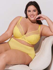 LUVLETTE Plus  Soft Woman Lingerie Lounge Curve Sheer Full Coverage Support&Breathable Underwire Sexy Unlined Minimizer Lace Elegance & Mesh Yellow Bra Bridal Intimates - Yellow - View 7