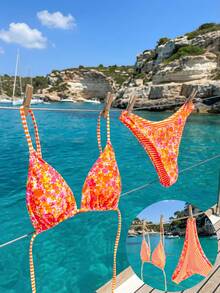 Swim Mod 2pcs/Set Women Cute Fashion Vacation Beach Random Print Reversible Halter Top And Adorable Bottoms Bikini Set - Multicolor - View 3