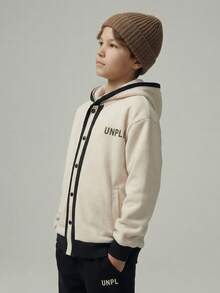 SHEIN Casuvi Kids 1 Set Teenage Boys Casual Minimalist Style Beige & Black Hoodie Sweatshirt With Black Pants, Regular Thickness, Everyday Wear, Autumn Fall Winter