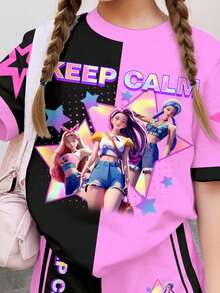 SHEIN 2件套少女休闲撞色卡通人物印花短袖上衣和短裤套装，适合夏季穿着