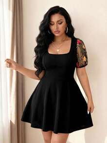 Elenzga Plus Size Women Solid Color Knit Patchwork Mesh Crew Neck Puff Sleeve Waist Cinched Elegant Dress - Black - View 8