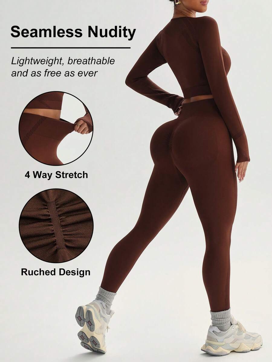 SHEIN Sports Plus Size Women Solid Color Long Sleeve And Long Pants Sports Outfit, Seamless Workout Women Set Women Leggings Set - Brown - View 1