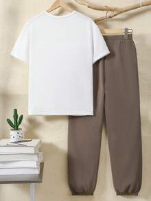 Vacaura 2pcs/Set Teenage Boys' Summer Casual Half-Placket Round Neck Short Sleeve T-Shirt And Drawstring Pants Outfit - Multicolor - View 2