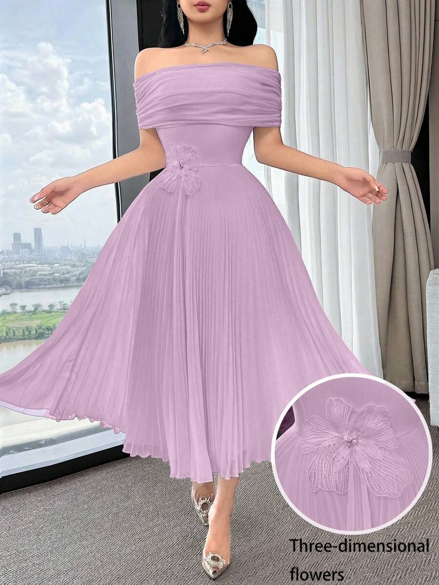 Feyla Women's Elegant Off Shoulder Pleated Short Dress, Suitable For Commuting