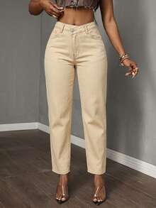 Slaydiva 大码休闲纯色斜插口袋锥形牛仔裤 - 卡其色 - 查看 1