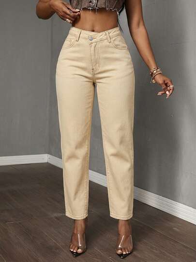 Slaydiva Plus Size Casual Solid Color Slant Pocket Tapered Jeans High Waist Pants Women Jeans High Waist Mom Jeans For Women