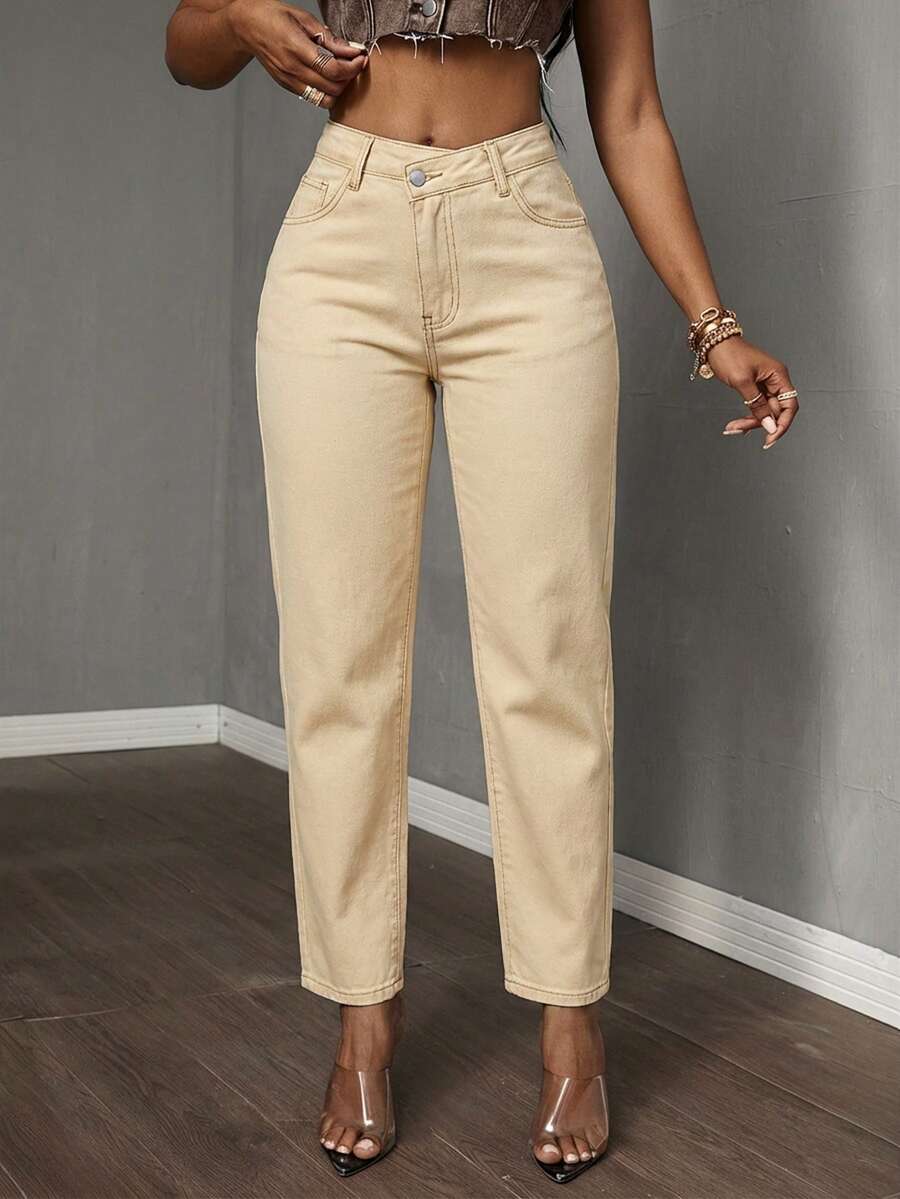 Slaydiva 大码休闲纯色斜插口袋锥形牛仔裤 - 卡其色 - 查看 1