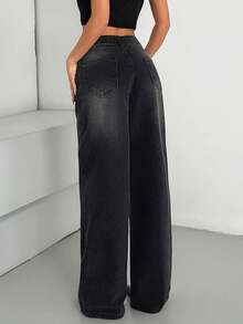 SHEIN Cottnline Low Waist Washed Blue Loose Straight Leg Denim Women Jean - Black - View 5