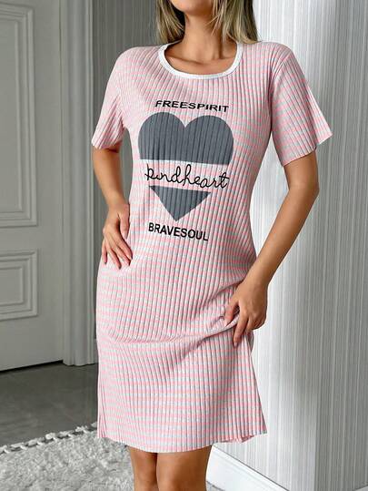EURMUSE Plus Size 100%Cotton Slogan Graphic Gingham Print Multicolour Round Neck Drop Shoulder Short Sleeved Nightdress Casual Homewear Dress