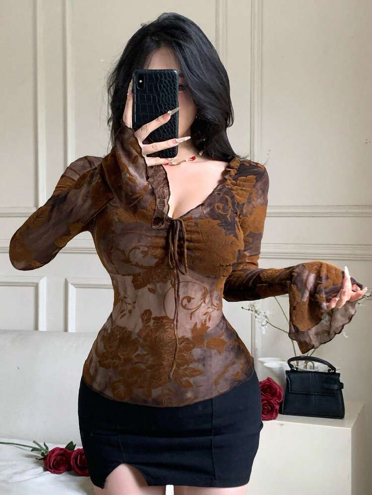 Women's Elegant 2 In 1 Splice Off-Shoulder Long Sleeve T-Shirt, Suitable For Spring & Summer, Party & Date