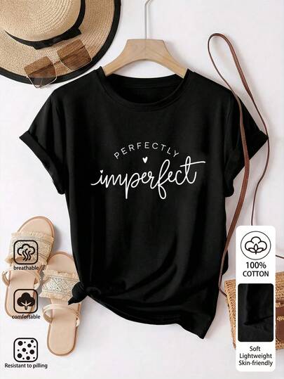 EMERY ROSE 100% Cotton, Perfectly Imperfect, Simple Letter Printed Women's Crew Neck T-Shirt For Summer, Comfortable And Breathable Cotton Fabric, Casual Versatile Style, Fashion T-Shirt, Beautiful T-Shirt, Sibling Gift, Sister Gift, Mom Gift, Mother's Day Gift, Casual Dating Fashion T-Shirt