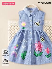 SHEIN GraphicGems Toddler Girls Cute Bee & Flower Print Sleeveless Dress With Collar, Suitable For Spring/Summer Outings And Everyday Wear - Baby Blue - View 1