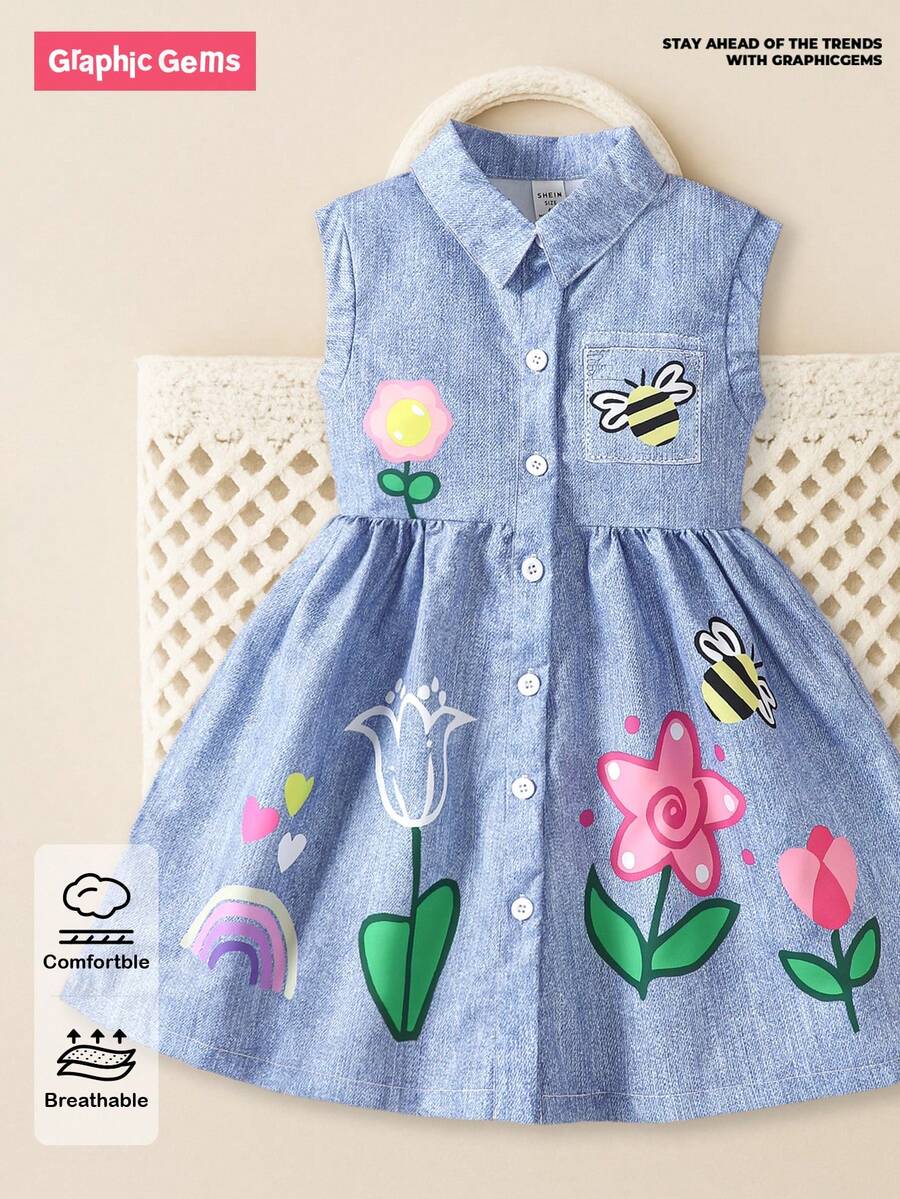SHEIN GraphicGems Toddler Girls Cute Bee & Flower Print Sleeveless Dress With Collar, Suitable For Spring/Summer Outings And Everyday Wear - Baby Blue - View 1