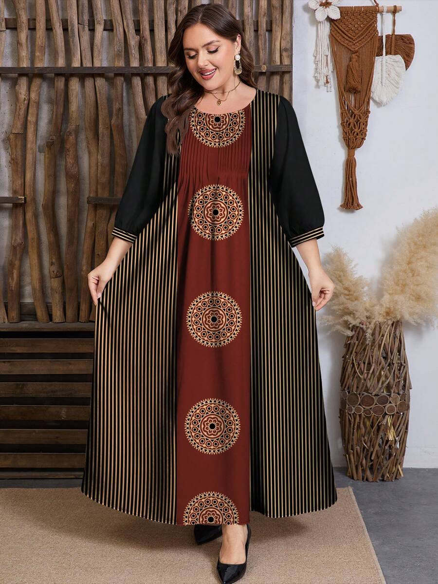 SHEIN Najma 大码女式条纹曼陀罗复古印花时尚圆领褶皱设计长袖收腰喇叭长连衣裙，春季 - 彩色 - 查看 1