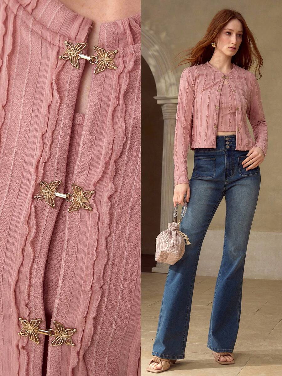 MOTF PREMIUM Conjunto de 2 piezas de camiseta sin mangas y chaqueta con textura de punto y decoración de mariposa para mujer, para otoño/invierno - Rosa - Ver 1