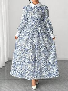 Abito camicia elegante e alla moda da donna Elenzga, con colletto, vita arricciata e stampa integrale a contrasto di colore, abito lungo con maniche lunghe in stile maxi, adatto all'autunno - Blu e Bianco - Visualizzare 6