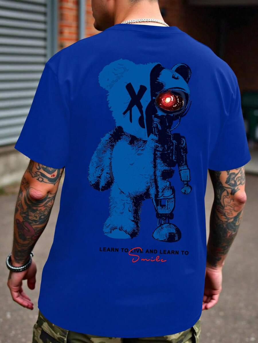 Manfinity LEGND Men's Minimalist Grizzly Bear Figure Graphic Print Tee,Aqua Blue Summer Streetwear Round Neck Short Sleeve T-Shirt,Casual City Break Commute T Shirt - Royal Blue - View 1