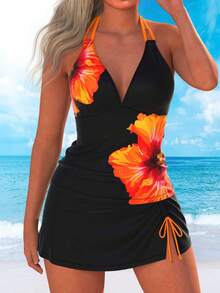 Swim Lushoire Women's Fashionable Printed Beach Vacation Tankini Swimsuit, Spring/Summer - Black - View 1