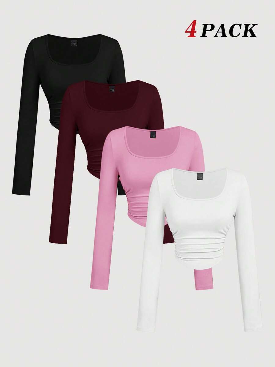 SHEIN MOD 4件套女士褶皱休闲方领长袖T恤套装,保暖衣物,秋季,外出上衣,假日,新年 - 粉色 - 查看 1
